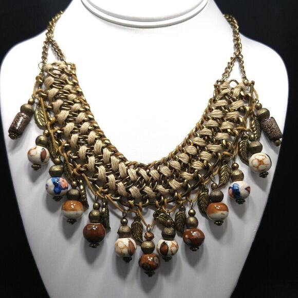 Bohemian Statement Necklace Woven Gold Tone with Earth Tone Ceramic Beads - Picture 4 of 8